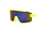 Item: 7934RV Modern sports inspired large size shield wrap style with assorted color frames and colorful mirror lens.
